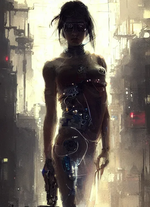 Image similar to female cyberpunk, beautiful face, rule of thirds, intricate outfit, spotlight, by greg rutkowski, by jeremy mann, digital painting