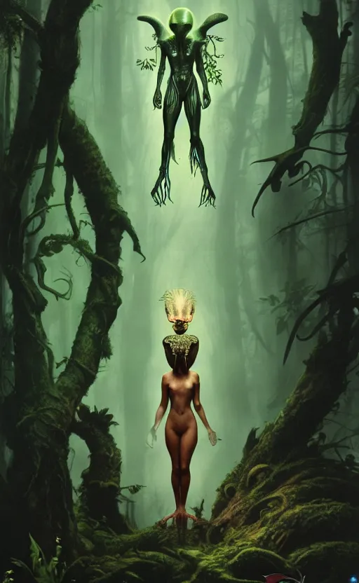 Image similar to alien magic creature poster art, humanoid, lush forest, movie art, by lucusfilm, weta studio, tom bagshaw, james jean, frank frazetta alphonso mucha, norman rockwell, 8 k, denoised