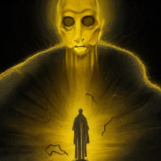 Image similar to Close up of a young, thin and stern catholic priest in his thirties fervently praying as he is about to die from the ominous Lovecraftian yellow shadow descending upon him from the night sky. The yellow shadow feels very oppressive and terrifying. Low angle, dramatic lighting. Award-winning digital art, trending on ArtStation