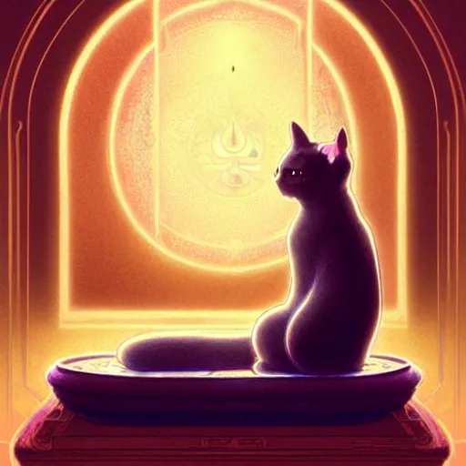 Prompt: delicate buddhist cat meditating emiting mystical light, intricate, elegant, highly detailed, my rendition, digital painting, artstation, concept art, smooth, sharp focus, radiant light, illustration, art by artgerm and greg rutkowski and alphonse mucha