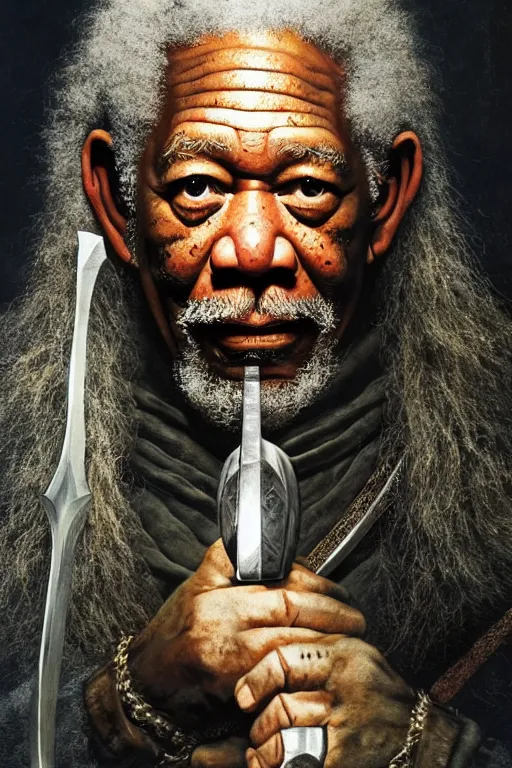 Image similar to morgan freeman starring as gimli in lord of the rings, full body, oil on canvas, intricate, 8 k highly professionally detailed, hdr, cgsociety