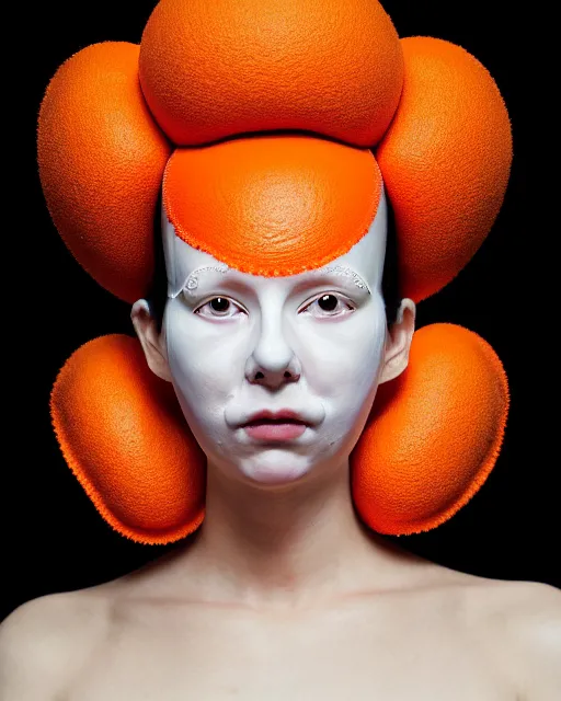 Image similar to symmetrical close - up portrait of a woman wearing a orange silicone embroidered beauty mask and hair buns, wearing a black bodysuit by alexander mcqueen, cream white background, soft light, biotechnology, humanoide robot, bjork aesthetic, translucent, by rineke dijkstra, intricate details, highly detailed, masterpiece,