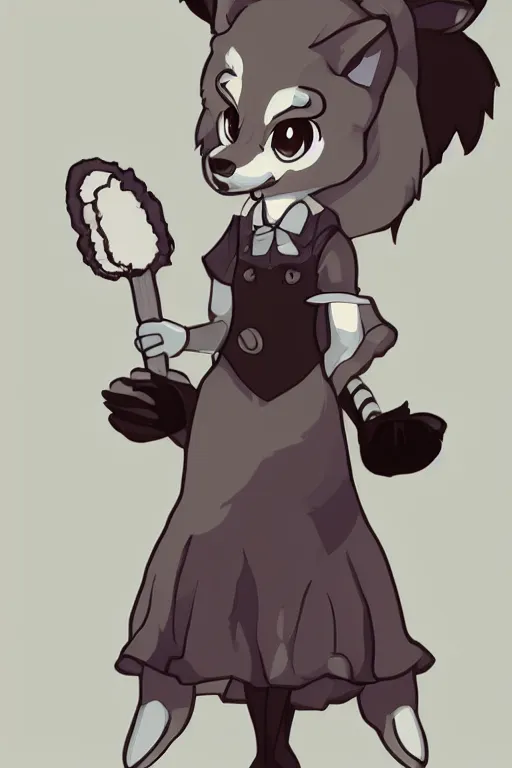 Image similar to anthropomorphic wolf fursona wearing a maid outfit holding a duster, backlighting, furry art, trending on artstation, digital art, trending on furaffinity