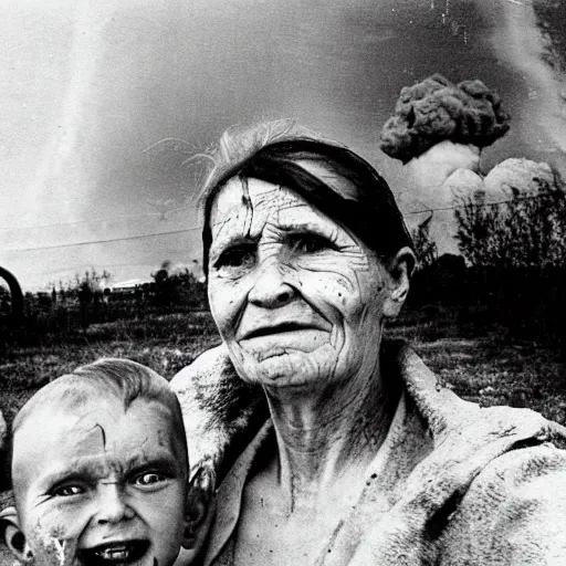 Image similar to selfie of the last surviving ukrainian with children, wild pain and damage to the body burns alive to the bone, painted in dirty yellow - blue colors, a huge nuclear explosion is approaching in the background, a very detailed photo