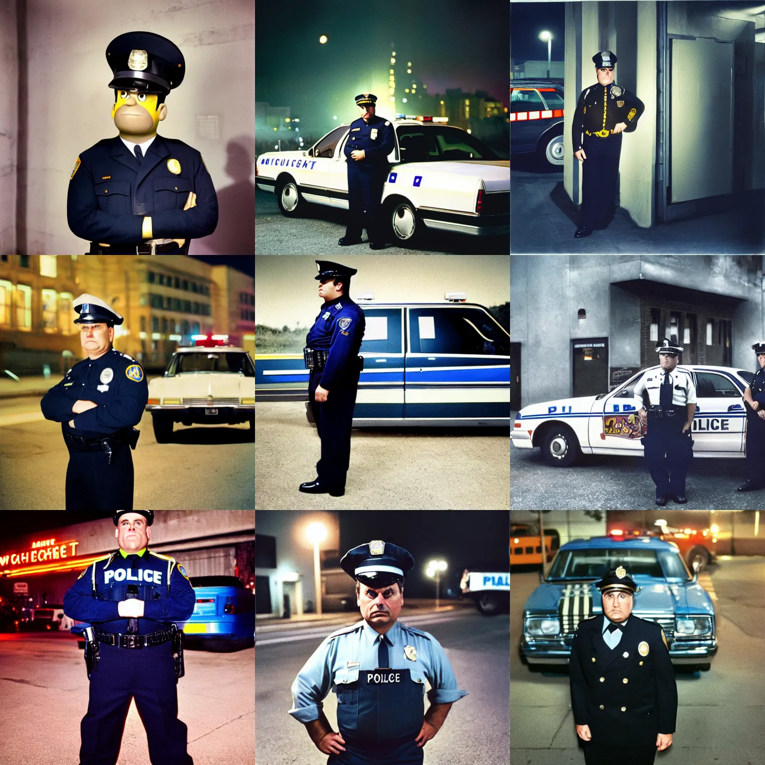 Prompt: candid portrait photograph of chief wiggum standing next to a police car at night, photo by annie leibowitz and steve mccurry