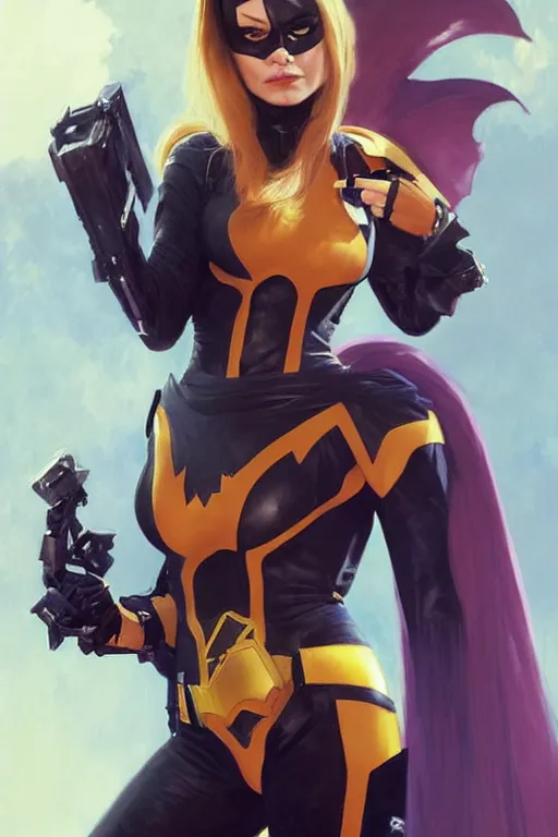 Image similar to portrait of a young Michelle Pfeiffer as Batgirl in bikini armor, dc comics, cyberpunk, Warhammer 40000, dark fantasy, digital art from artstation by Ruan Jia and Mandy Jurgens and Artgerm and william-adolphe bouguereau