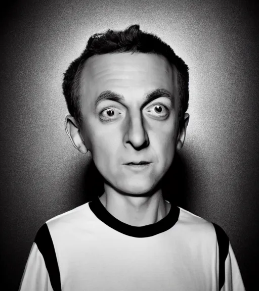 Image similar to professional photograph of a portrait of Morty from Rick and Morty, black and white, studio lighting
