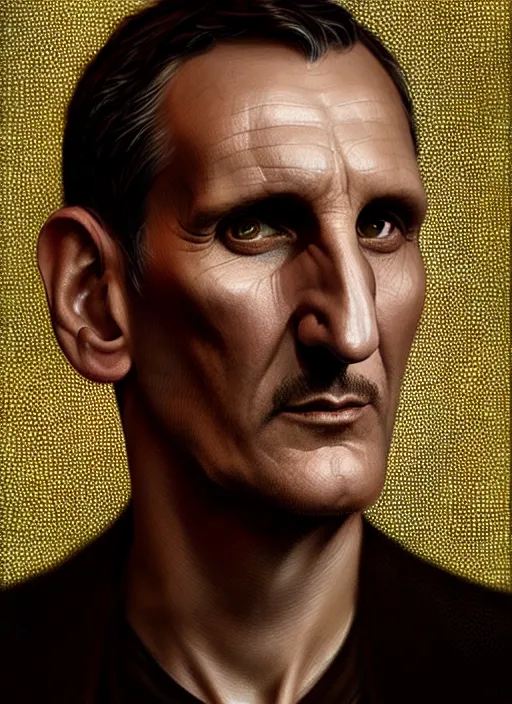Prompt: stylized portrait of christopher eccleston, intricate, elegant, glowing lights, highly detailed, digital painting, artstation, concept art, smooth, sharp focus, illustration, art by wlop, mars ravelo and greg rutkowski