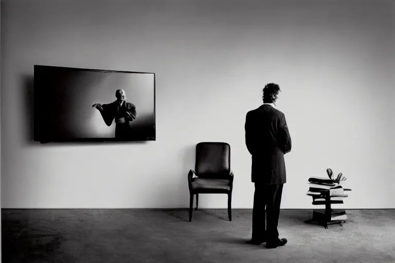 Prompt: a business man with a tv set for a head, annie liebovitz photography