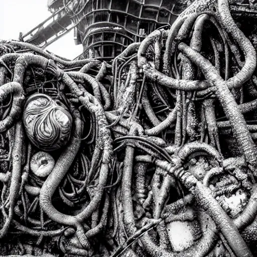 Prompt: deep sea creature, underwater megastructure, covered in rust barnacles and rot, rotting flesh and machinations, real photography