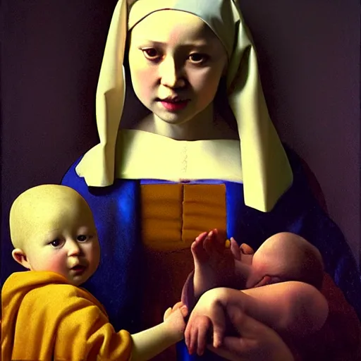 Image similar to pure love is patient love is kind, mother and child ; photorealistic oil painting by johannes vermeer ; highly detailed cute faces by wlop ; trending on artstation ; 8 k high resolution, symmetrical, cinematic, high coherence, golden ratio, rule of thirds, perfectly centered ; anatomically correct faces