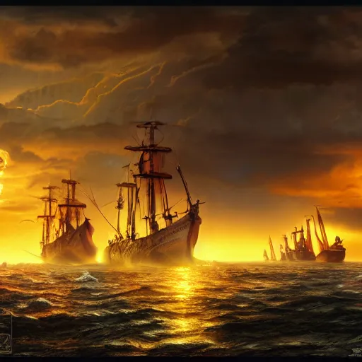 Prompt: An Epic viking sea battle at night, firey skies by Greg Hildebrandt, realistic 4k octane beautifully detailed render, 4k post-processing, highly detailed, intricate complexity, epic composition, magical atmosphere, cinematic lighting, masterpiece, ultra hd