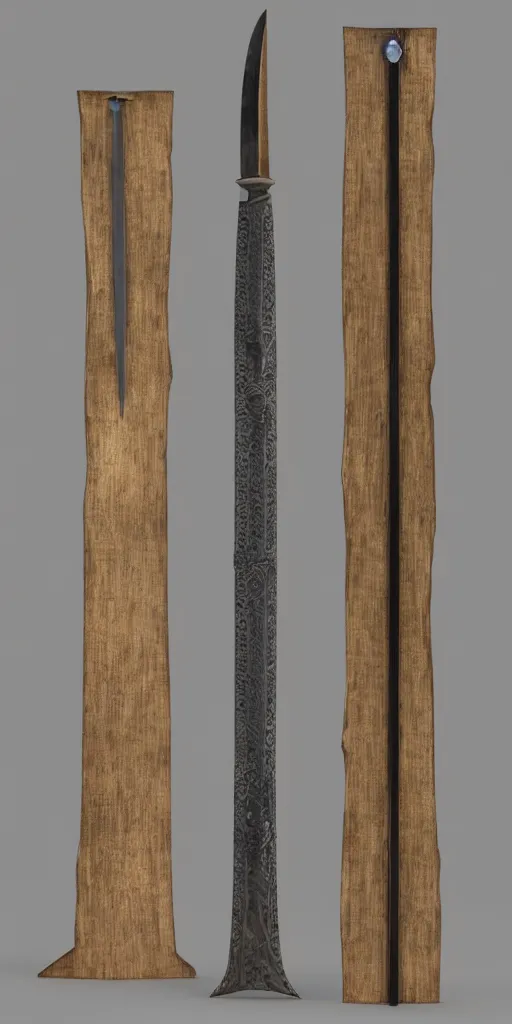 Prompt: a 3d model of a long sword, positioned vertically in the center, visible from the top to the bottom