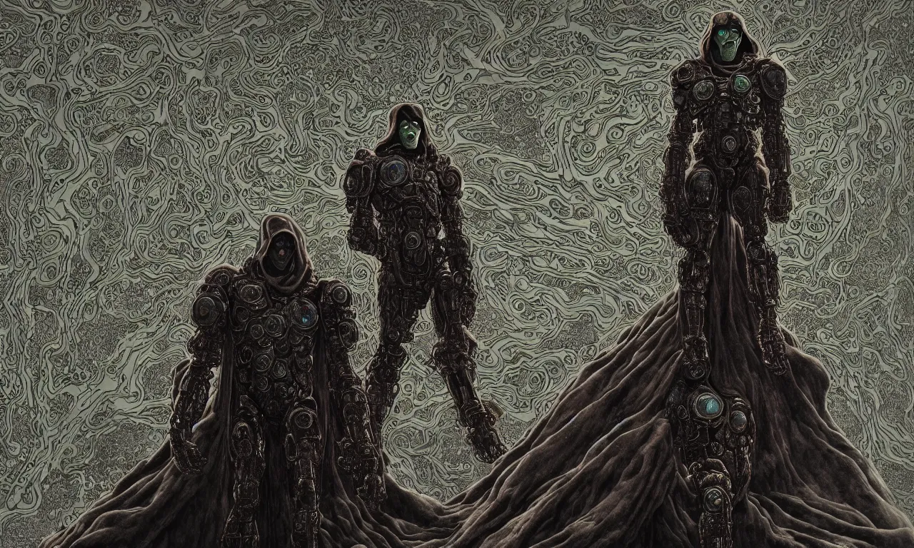 Image similar to symmetric frame of dr doom from Prometheus movie by beksinski, cyborg dr doom mecha by guo pei and alexander mcqueen metal couture editorial, eldritch epic monumental wallpaper by beksinski by Yuko Shimizu