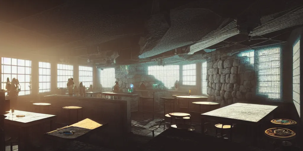 Prompt: Highly detailed realistic photo of interior design in style of minimalism by Hiromasa Ogura and Josan Gonzalez of detailed cyberpunk tavern with stone walls and neon lights, a lot of electronics and people, many details. Natural white sunlight from the transperient roof. Rendered in Blender