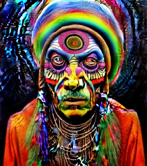 Image similar to Portrait painting in a style of Beksinski mixed with Alex Grey of an old shaman dressed in a colorful traditional clothes.