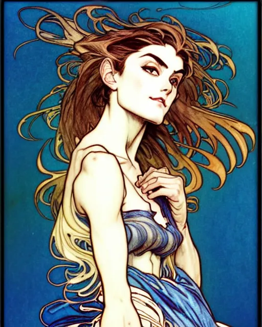 Image similar to in the style of artgerm, arthur rackham, alphonse mucha, phoebe tonkin, symmetrical eyes, symmetrical face, flowing blue skirt, full entire body, hair blowing, intricate filagree, hidden hands, warm colors, cool offset colors