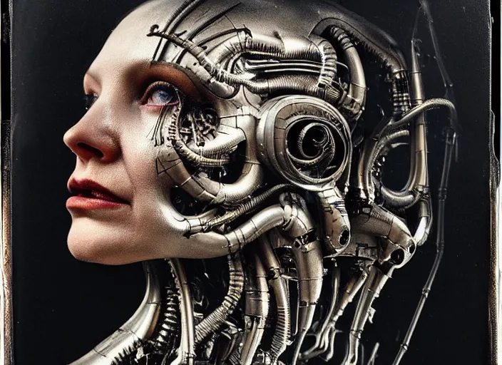 Image similar to a female cyborg profile face, by h. r. giger, by ismail inceoglu, by kiki smith, glamor shot, ambrotype, closeup, f / 2. 8, low contrast, 1 6 k, rim lighting, cinematic lighting, insanely detailed and intricate, hypermaximalist, elegant, ornate, hyper realistic, super detailed