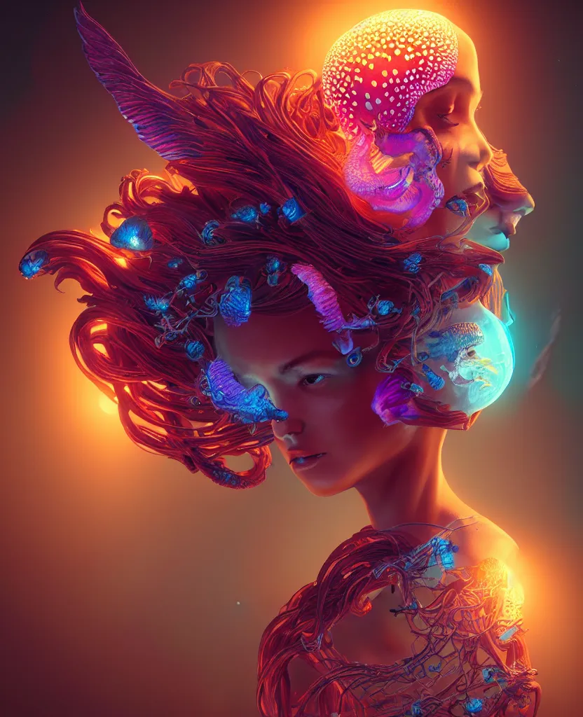 Image similar to goddess close-up portrait. jellyfish phoenix head, nautilus, orchid, skull, betta fish, bioluminiscent creatures, intricate artwork by Tooth Wu and wlop and beeple. octane render, trending on artstation, greg rutkowski very coherent symmetrical artwork. cinematic, hyper realism, high detail, octane render, 8k