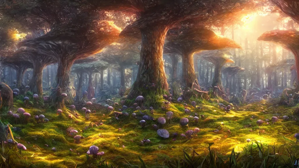 Image similar to mushroom forest, fantasy artwork, very very very beautiful scenery, hd, hdr, ue5, ue6, unreal engine 5, cinematic 4k wallpaper, 8k, ultra detailed, high resolution, artstation, award winning