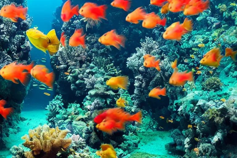 Image similar to photo of a baby cat scuba diving and chasing a school of fish above colorful coral reefs, award - winning photograph, national geographic, 8 k uhd, excellent lighting