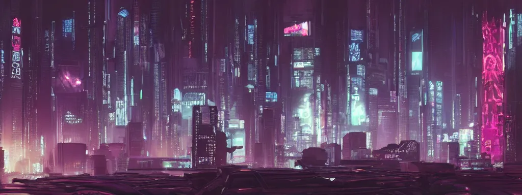 Prompt: matte painting of a dark neon cyberpunk city in the film ghost in the shell, trending on artstation, 8k, ultra hd