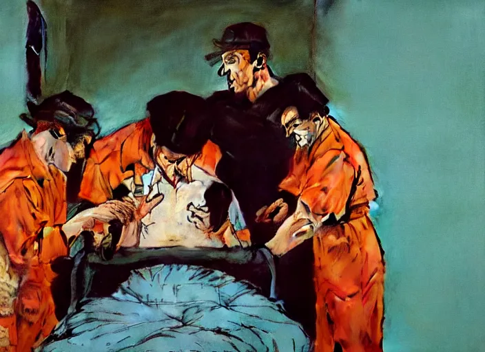 Image similar to a still from the movie one flew over the cuckoo's nest by francis bacon and norman rockwell and james jean, and mark brooks, triadic color scheme, by greg rutkowski, syd mead and edward hopper and norman rockwell and beksinski, dark surrealism, orange and turquoise