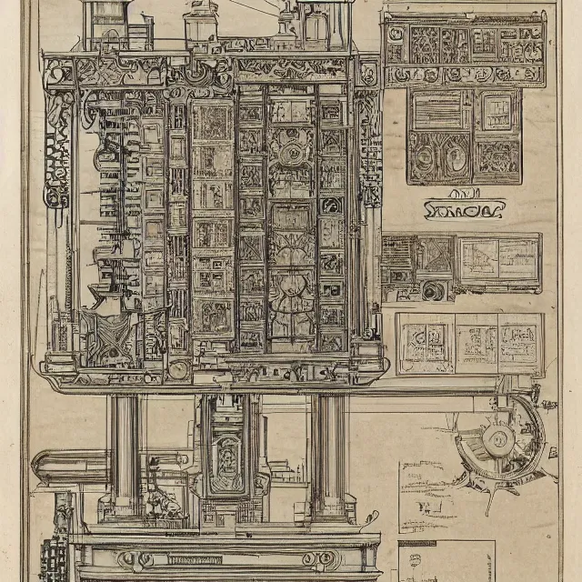 Prompt: beautiful, symmetric, art nouveau, detailed, intricate technical drawings on parchment from 1 8 4 0 with extensive written labels and covered in scribbled pencil notes in open space, for a mechanical display attachment to babbage's difference engine, showing a screen playing tetris, by ron cobb and alphonse mucha