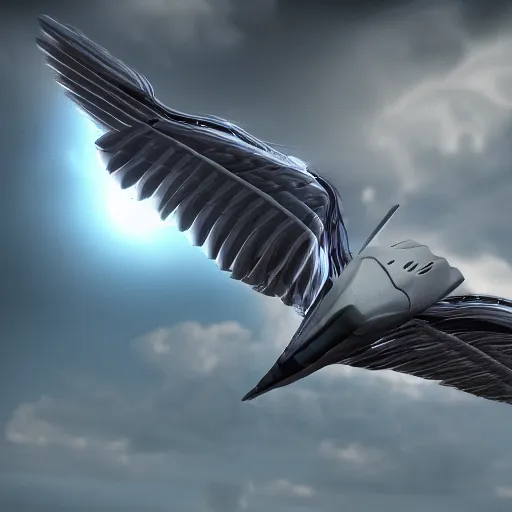 Prompt: flying falcon with cybernetic aerodynamic parts, close shot, storm sky, cinematic, render, digital art