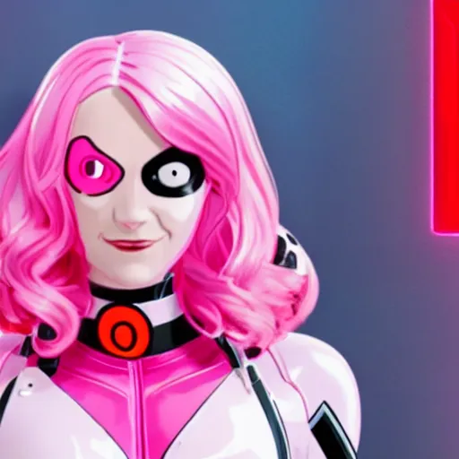 Image similar to A still of Gwenpool in Deadpool 3 (2023), blonde hair with pink highlights, no mask, white and light-pink outfit, smiling and winking at the camera, comics accurate design