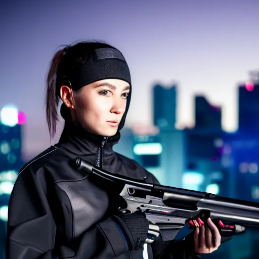 Image similar to photographic portrait of a techwear woman holding a shotgun, closeup, on the rooftop of a futuristic city at night, sigma 85mm f/1.4, 4k, depth of field, high resolution, 4k, 8k, hd, full color