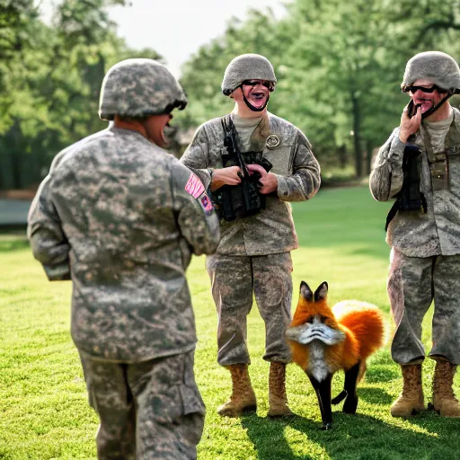 Prompt: a group of fox animals dressed in modern american military soldier uniforms, foxes laughing at a computer, 8 5 mm f / 1. 4