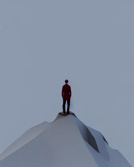 Image similar to a man standing in the middle of a mountain, a low poly render by filip hodas, behance contest winner, environmental art, rendered in cinema 4 d, volumetric lighting, low poly