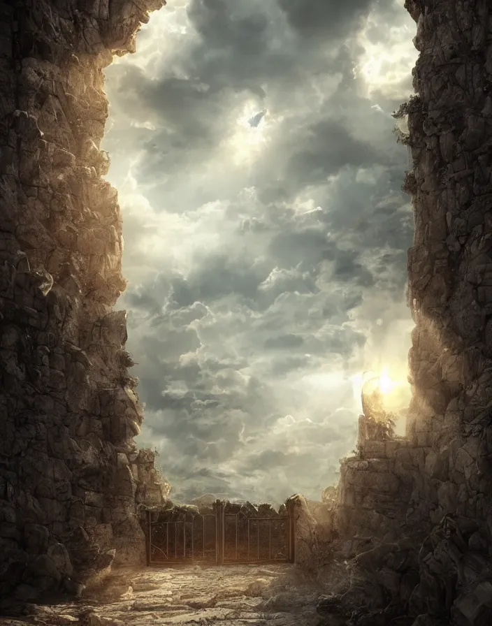 Prompt: open Gates of heaven in the clouds by paul chadeison, concept art, ultra realistic, super detailed, photorealistic, cinematographic, epic lighting, religious