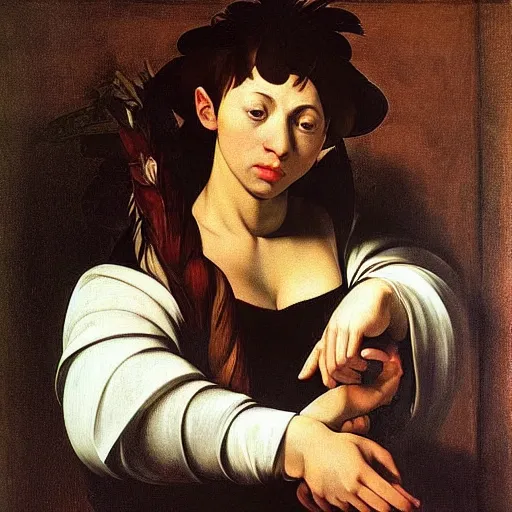 Image similar to a beautiful female that is a portal to another dimension in the style of caravaggio