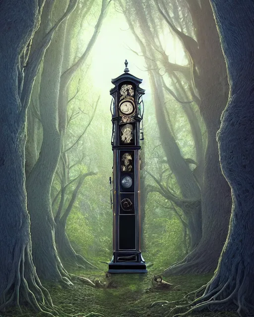 Image similar to highly detailed surreal vfx portrait of a cursed grandfather clock in a shadowy forest by a willow tree, stephen bliss, unreal engine, greg rutkowski, loish, rhads, beeple, makoto shinkai and lois van baarle, ilya kuvshinov, rossdraws, tom bagshaw, alphonse mucha, global illumination, detailed and intricate environment