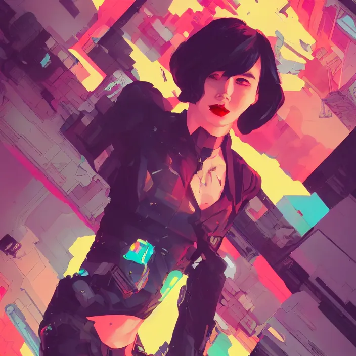 Image similar to a colorful comic noir illustration painting of a cyberpunk girl by sachin teng and sam yang!! and artgerm!! and pascal blanche. in style of digital art, symmetry, sci fi, hyper detailed. octane render. trending on artstation