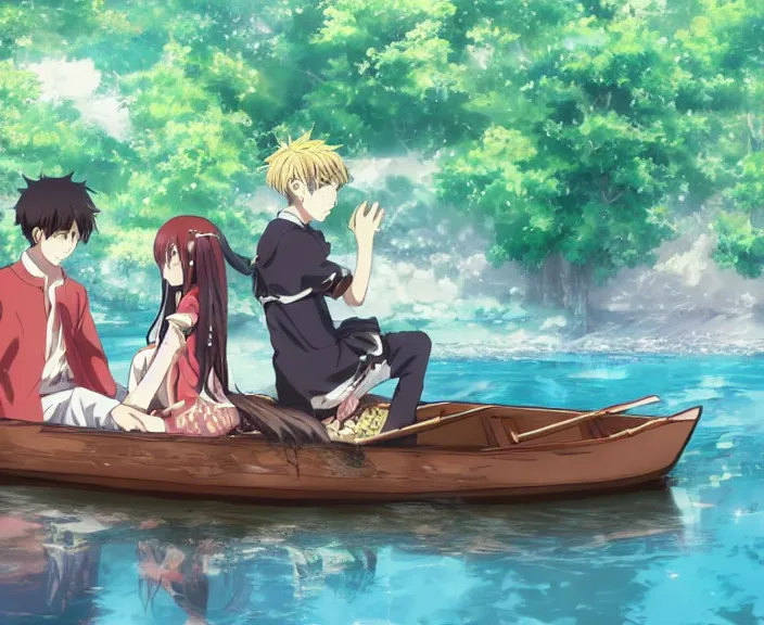 Image similar to anime key visual of a young man anime and young woman anime sitting together on one single long wooden rowboat. Romantic. Girl has auburn hair. Boy has short black hair. Boy and girl. Boy and girl. Narrow river in a forest, rocky shore, trees, shady, blue waters, ripples, waves, reflections, details, sharp focus, illustration, by Jordan Grimmer and greg rutkowski, Trending artstation, pixiv, digital art