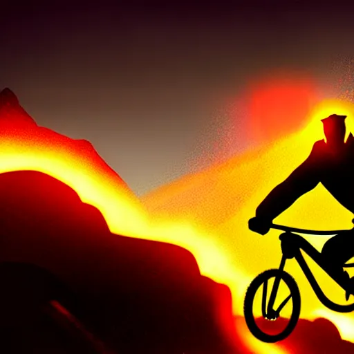 Prompt: portrait of ghost rider driving a rockrider mountain bike, dramatic lighting, realistic