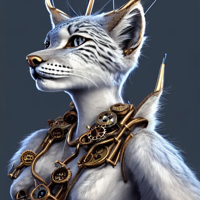 Image similar to the portrait of anthropomorphic lynx fursona wearing a steampunk dress as unimaginably beautiful, gorgeous, elegant, young lynx, an ultrafine hyperdetailed illustration by kim jung gi, irakli nadar, intricate linework, white fur, unreal engine 5 highly rendered, global illumination, radiant light, detailed and intricate environment