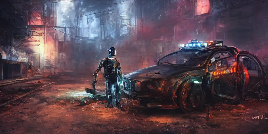 Image similar to a robotic chtulhu police officer next to a futuristic police car, rusty helmet, cyberpunk, fallout 5, studio lighting, deep colors, apocalyptic setting, city at night