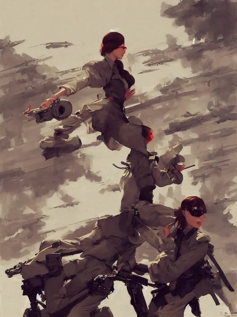 Prompt: revolutionary years, chinese civil war, north korean female spy, train station, street scene, flying flyers, spy with sunglasses walking towards the camera, jodhpurs greg manchess painting by sargent and leyendecker, cyberpunk 2 0 7 7 concept intricate elegant illustration forza, by greg rutkowski by greg tocchini by james gilleard - n 4