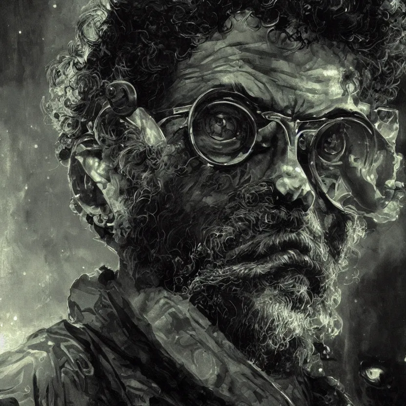 Prompt: a dark baroque close - up portrait of a sci - fi terence mckenna. reflective detailed textures. gloomy black background. highly detailed fantasy science fiction painting by moebius, norman rockwell, frank frazetta, and syd mead. rich colors, high contrast. artstation