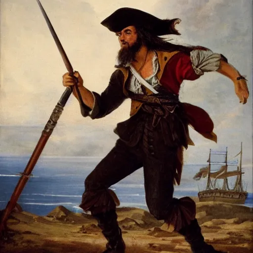 Prompt: a pirate throwing a javelin