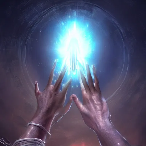 Image similar to a celestial holy hand coming from a portal down to earth, dynamic lighting, fantasy concept art, trending on art station, stunning visuals, creative, cinematic, ultra detailed, ray tracing