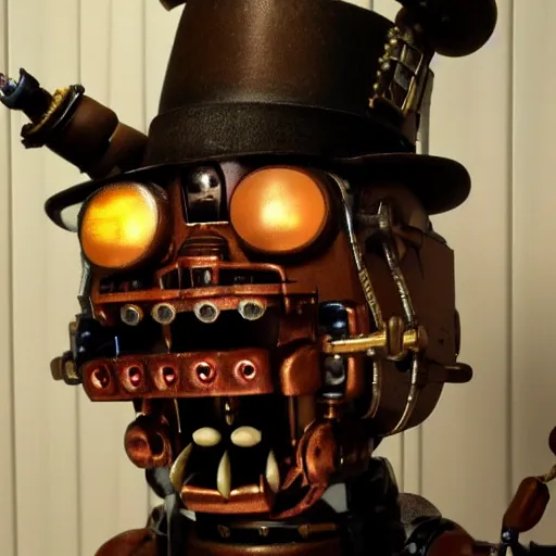 Image similar to steampunk animatronic, five nights at freddys, detailed, scary