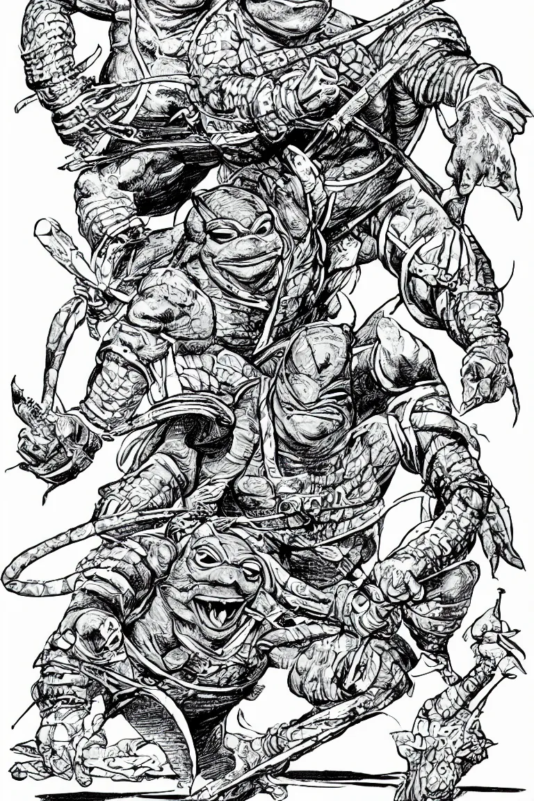 Image similar to Raphael the Ninja Turtle from the Dungeons and Dragons Monster Manual, line art illustration, 1981, high detail