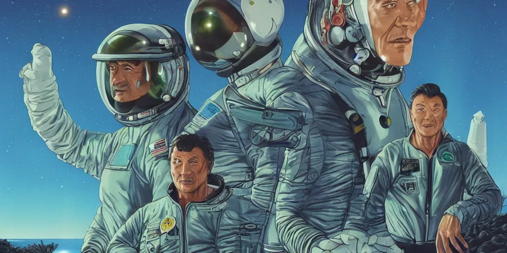 Image similar to a portrait of stallone and van damm and takeshi kitano pilots in spacesuit on field forrest spaceship station landing laying lake artillery outer worlds in FANTASTIC PLANET La planète sauvage animation by René Laloux