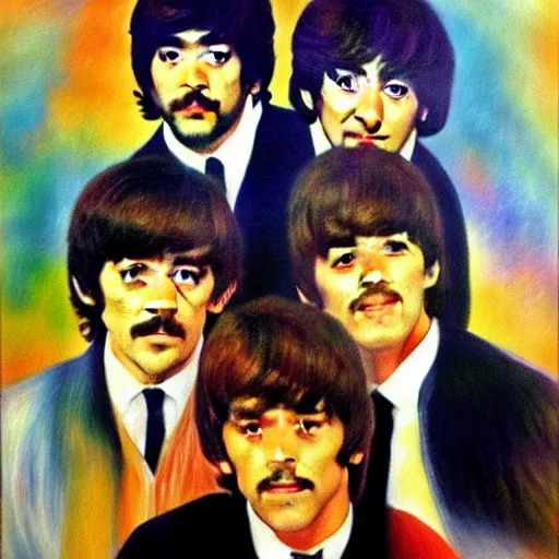 Prompt: Painting of The Beatles, in the style of Renoir