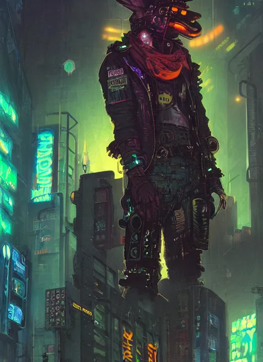 Image similar to anthropomorphic coyote character wearing black cyberpunk skater clothes with neon highlights in a cyberpunk city. Renowned character illustration by greg rutkowski, thomas kindkade, alphonse mucha, loish, norman rockwell. Trending on artstation 4k. Highly detailed. Digital art.